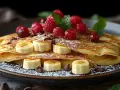Deliziose crepes con banane a rondelle, lamponi freschi, gocce di cioccolato e una spolverata di zucchero a velo.