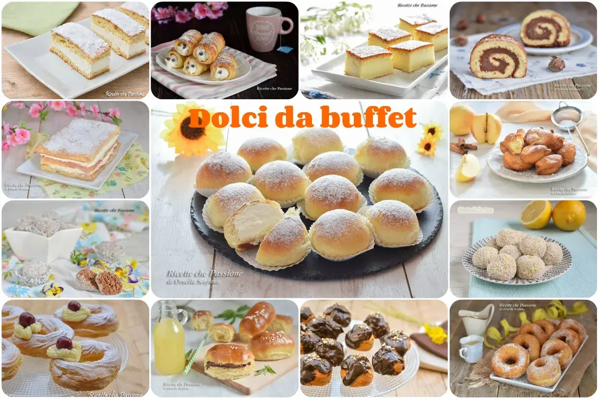 Un collage di dolci invitanti: cannoli, tortini, bignè, ciambelle e altre delizie perfette per un buffet di dolci idee.