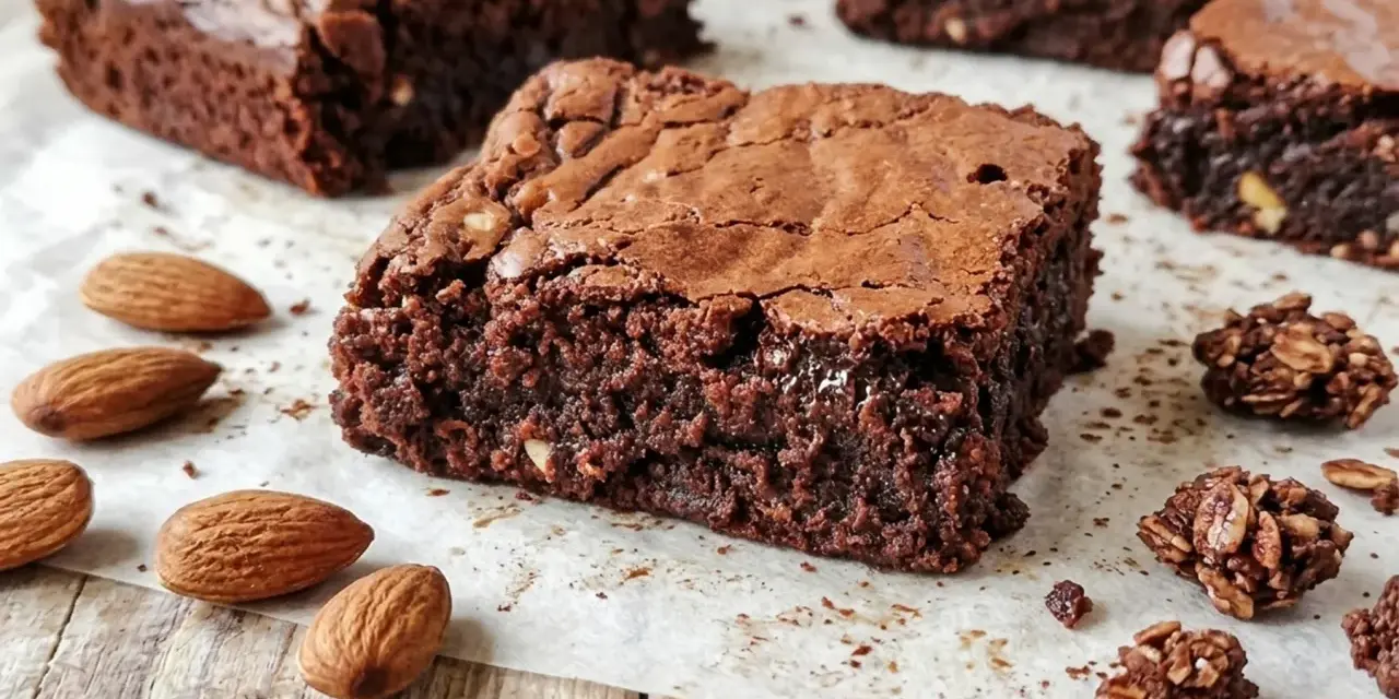 Brownies ricetta: quadrati di cioccolato fondente, umidi e ricchi, con mandorle intere e pezzetti croccanti di granola al cioccolato.