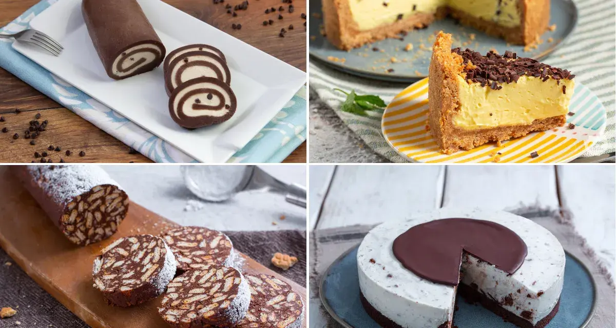 Dolci da forno: rotolo al cioccolato, cheesecake, salame di cioccolato e torta fredda.