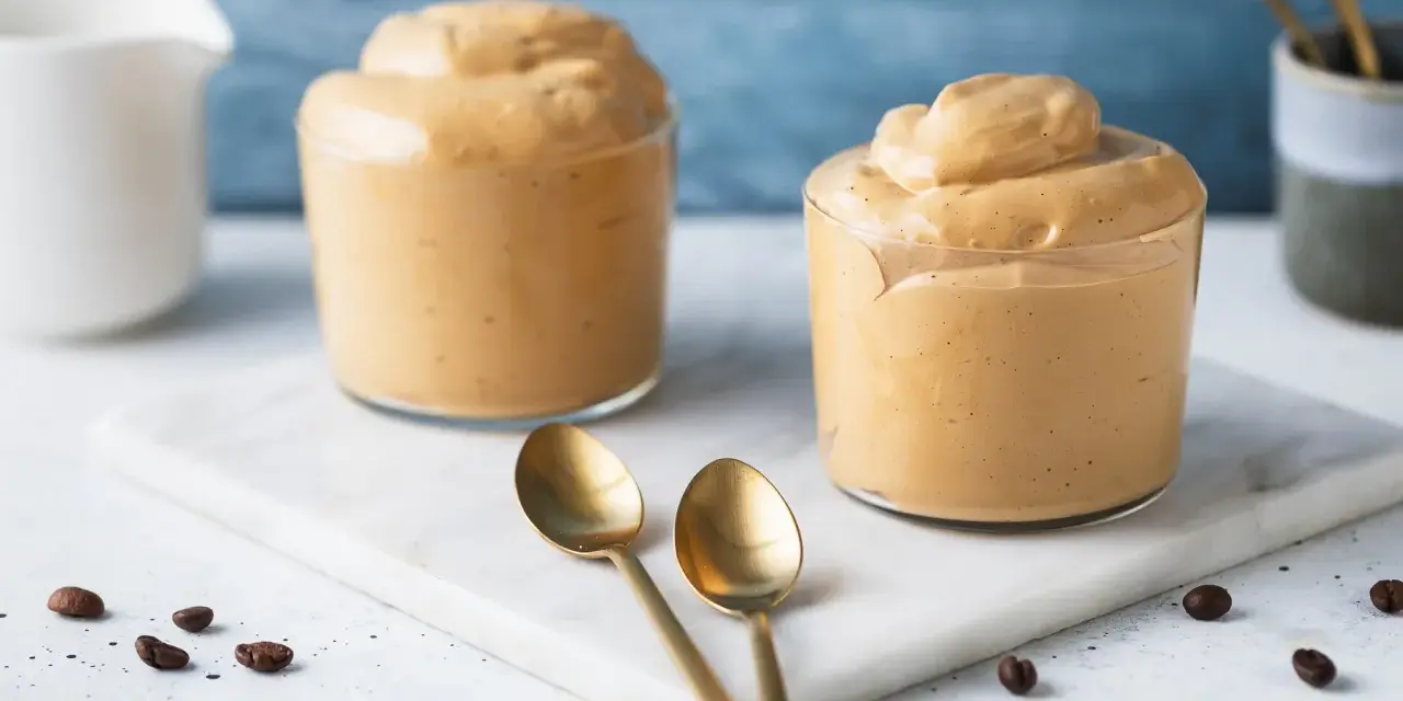 Due bicchieri di soffice crema di caffè, perfetta ricetta crema di caffè senza panna e senza caffè solubile. Due cucchiaini dorati e chicchi di caffè completano la scena.