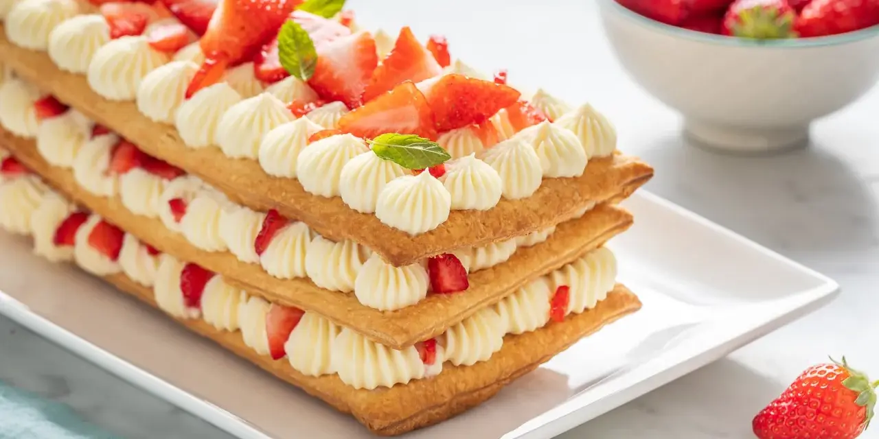 Deliziosi dolci primaverili a strati con crema e fragole fresche, un tripudio di sapori e colori.