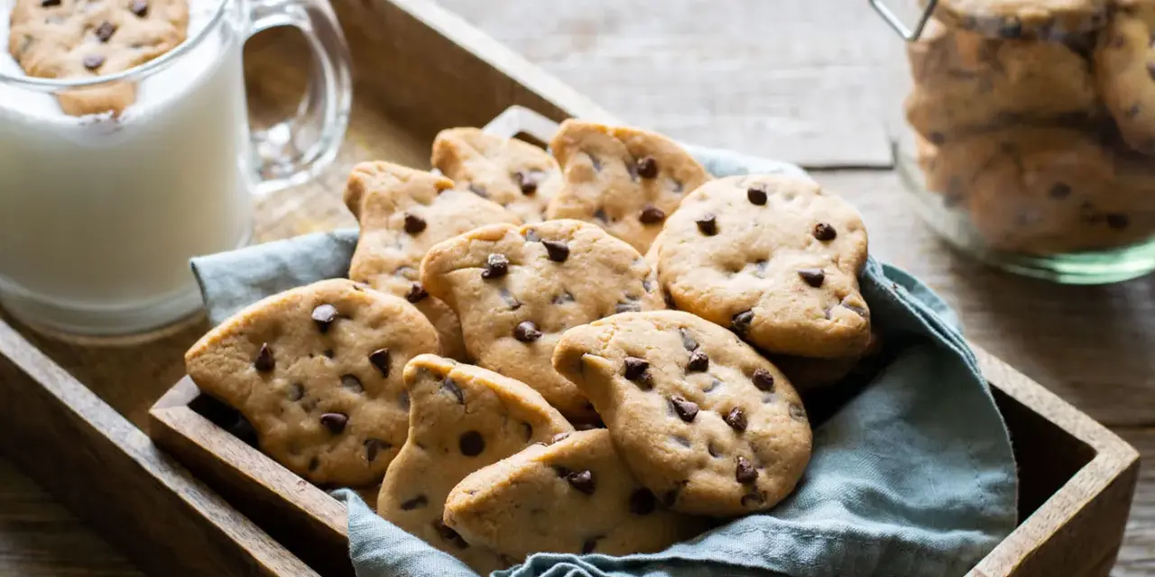 Biscotti al cioccolato, perfetti per una ricetta gocciole fatta in casa, serviti con latte fresco.