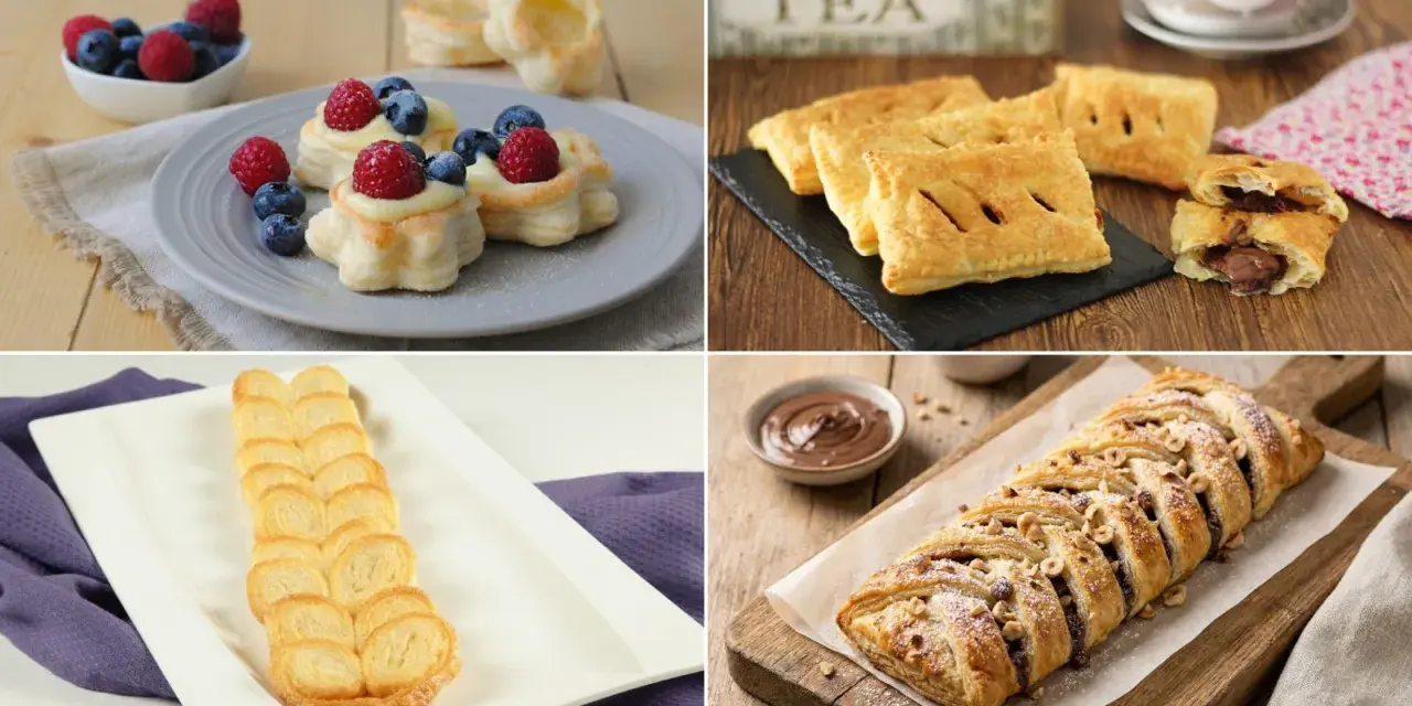 Quattro idee di dolci con pasta sfoglia: tartellette alla crema e frutti di bosco, fagottini al cioccolato, ventagli e treccia alla nocciola.