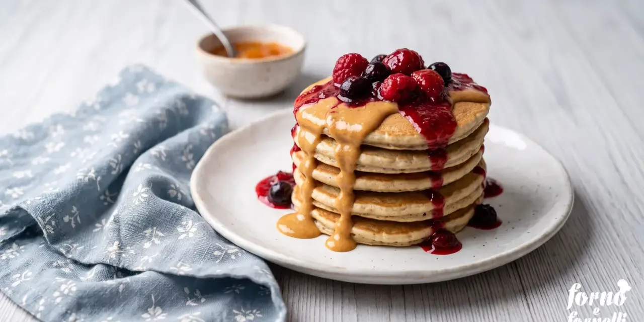 Pila di pancake proteici guarniti con burro d'arachidi, frutti di bosco e marmellata. Una deliziosa ricetta per iniziare la giornata con energia.