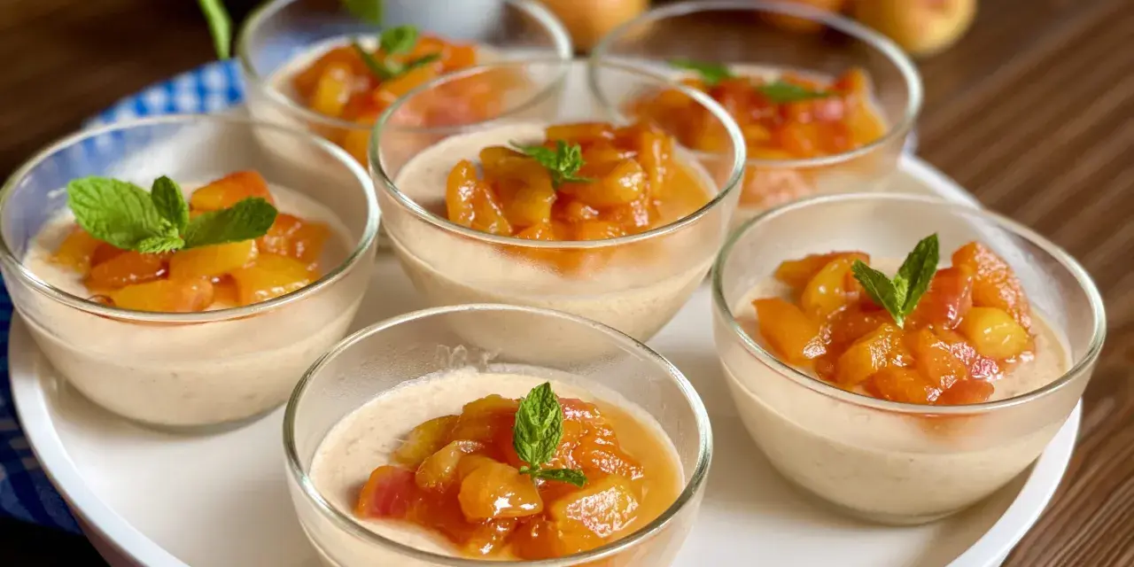 Sei coppette di mousse di albicocche, guarnite con menta fresca e pezzetti di albicocca, su un vassoio bianco.