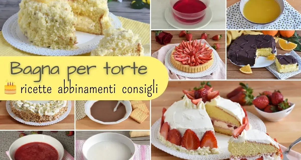 Collage di torte e ingredienti per bagna per pan di spagna: torte decorate, fragole, arance, gelatina, cioccolato e creme.