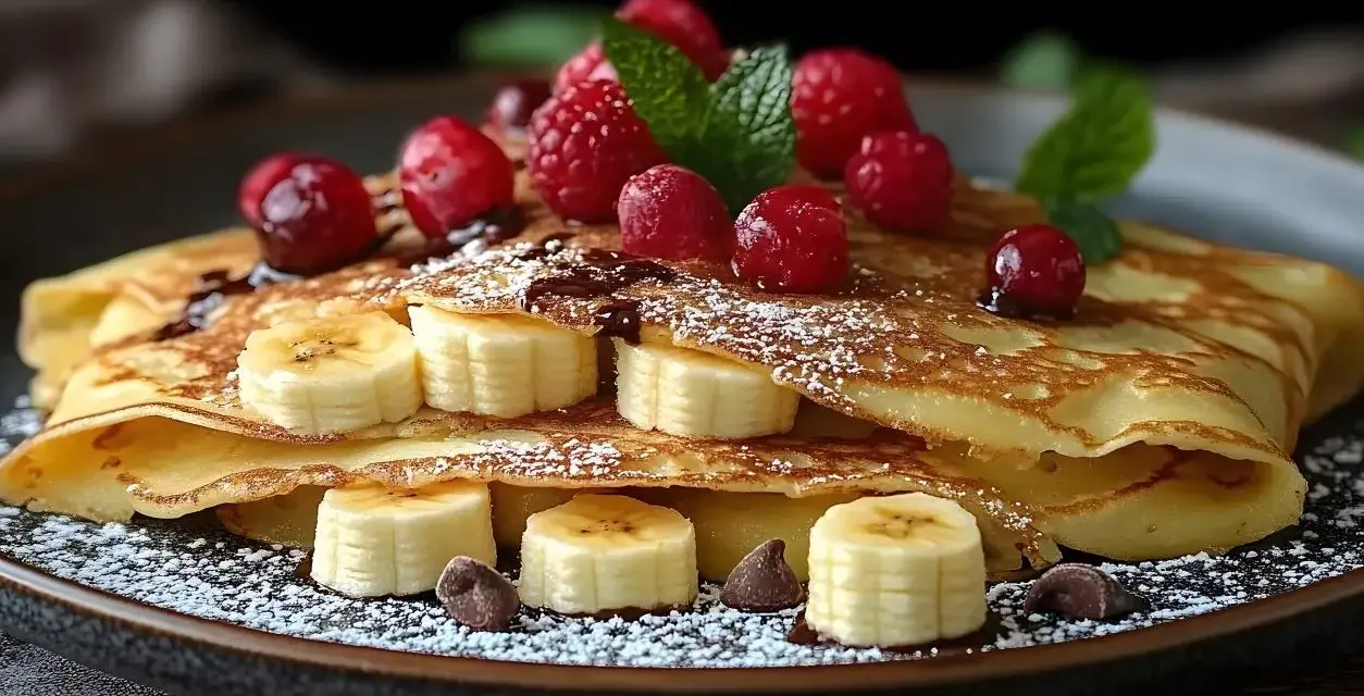 Deliziose crepes con banane a rondelle, lamponi freschi, gocce di cioccolato e una spolverata di zucchero a velo.