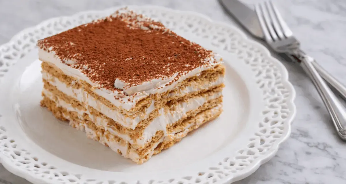 Fetta di torta stratificata con crema e cacao, perfetta per ricette con biscotti avanzati.
