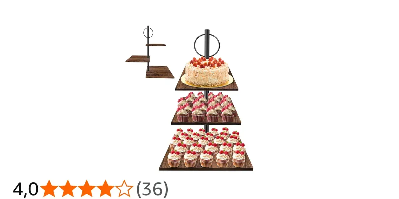 Espositore a più piani con torta centrale e numerosi cupcake decorati, perfetto per ogni festa.