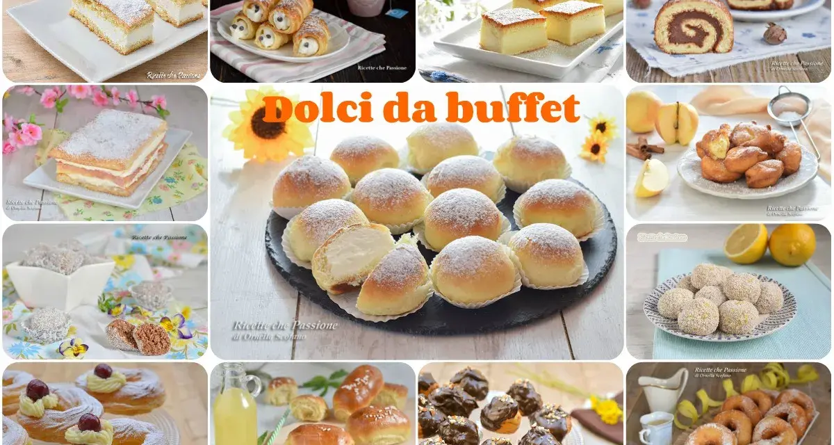 Un collage di dolci invitanti: cannoli, tortini, bignè, ciambelle e altre delizie perfette per un buffet di dolci idee.