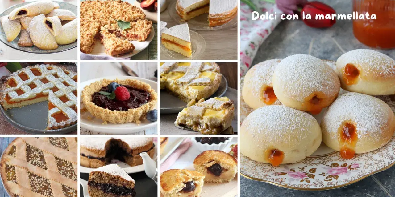 Varietà di dolci con marmellata: crostate, pasticcini e bomboloni ripieni, un tripudio di sapori.