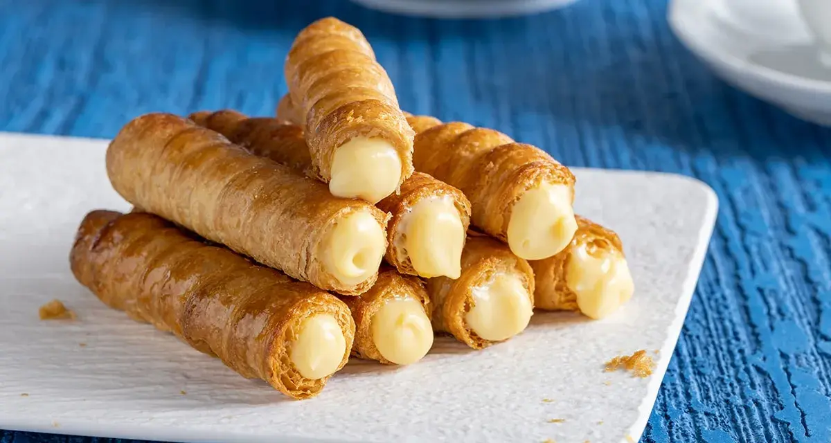 Un mucchio di cannoncini alla crema dorati, ripieni di una crema pasticcera liscia e invitante, pronti per essere gustati.