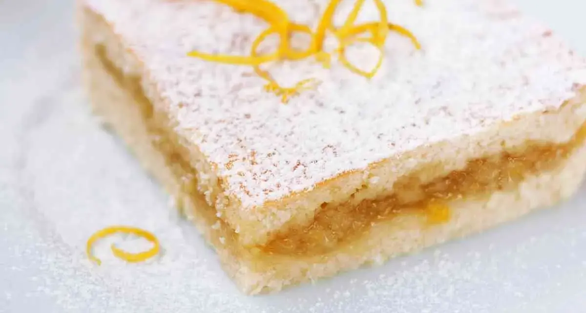 Fetta di crostata di frutta con pasta frolla, guarnita con zucchero a velo e scorza d'arancia. Perfetta per uno stampo da 28 cm.