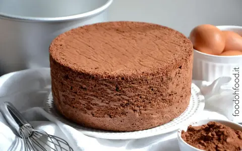 Un soffice pandispagna al cacao, pronto per essere farcito. Ingredienti freschi come uova e cacao in polvere completano la scena.