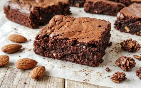 Brownies ricetta: quadrati di cioccolato fondente, umidi e ricchi, con mandorle intere e pezzetti croccanti di granola al cioccolato.