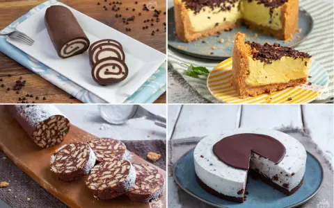 Dolci da forno: rotolo al cioccolato, cheesecake, salame di cioccolato e torta fredda.