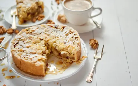Torta con mandorle e zucchero a velo, perfetta per una ricetta frangipane. Accanto, una tazza di caffè e una fetta di torta.