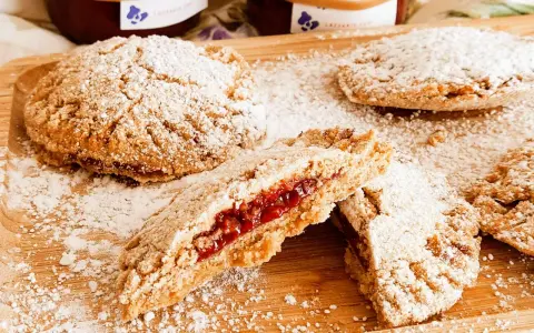 Biscotti integrali con marmellata, spolverati di zucchero a velo, su un tagliere di legno. Un morso rivela il ripieno rosso e invitante.