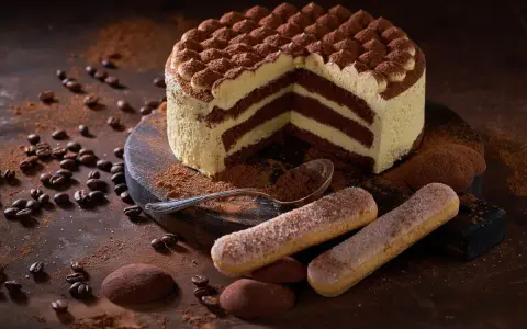 Una deliziosa torta tiramisù, con strati di crema e cacao, circondata da chicchi di caffè e savoiardi.