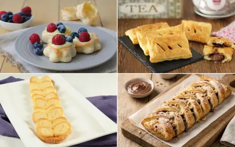 Quattro idee di dolci con pasta sfoglia: tartellette alla crema e frutti di bosco, fagottini al cioccolato, ventagli e treccia alla nocciola.