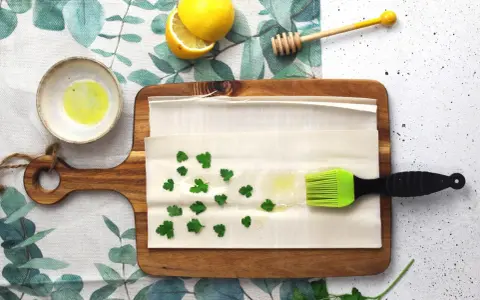 Preparazione per un piatto con pasta fillo: ingredienti come limone, miele, prezzemolo e olio su un tagliere.
