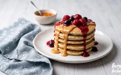 Pila di pancake proteici guarniti con burro d'arachidi, frutti di bosco e marmellata. Una deliziosa ricetta per iniziare la giornata con energia.