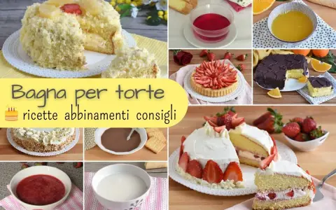 Collage di torte e ingredienti per bagna per pan di spagna: torte decorate, fragole, arance, gelatina, cioccolato e creme.
