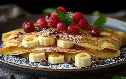 Deliziose crepes con banane a rondelle, lamponi freschi, gocce di cioccolato e una spolverata di zucchero a velo.