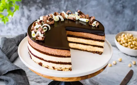 Una magnifica torta sette veli, con strati di mousse al cioccolato e crema, ricoperta da glassa lucida e riccioli di cioccolato.
