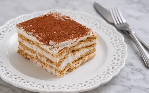 Fetta di torta stratificata con crema e cacao, perfetta per ricette con biscotti avanzati.