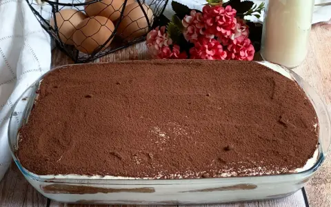 Tiramisù pronto, con 500 g di mascarpone, pronto per essere gustato. Ingredienti freschi in vista.