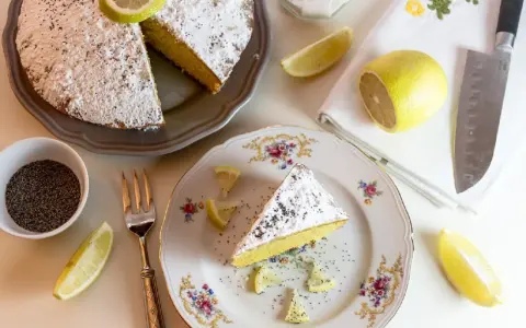 Una fetta di torta al limone cosparsa di zucchero a velo e semi di papavero, guarnita con spicchi di limone fresco.