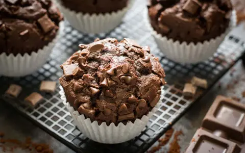 Muffin al cioccolato ricchi e golosi, con gocce e pezzi di cioccolato fondente, su una griglia con cacao e tavolette di cioccolato.