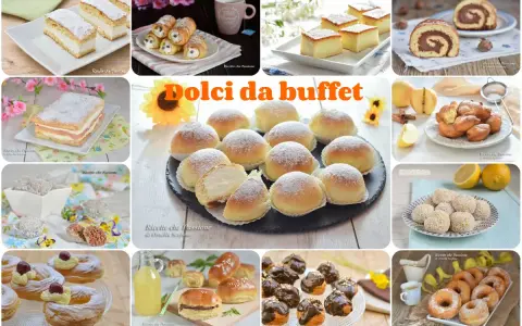 Un collage di dolci invitanti: cannoli, tortini, bignè, ciambelle e altre delizie perfette per un buffet di dolci idee.