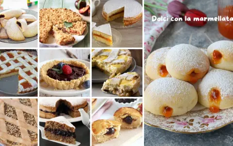 Varietà di dolci con marmellata: crostate, pasticcini e bomboloni ripieni, un tripudio di sapori.