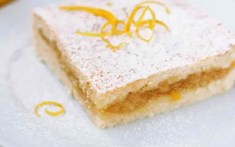 Fetta di crostata di frutta con pasta frolla, guarnita con zucchero a velo e scorza d'arancia. Perfetta per uno stampo da 28 cm.
