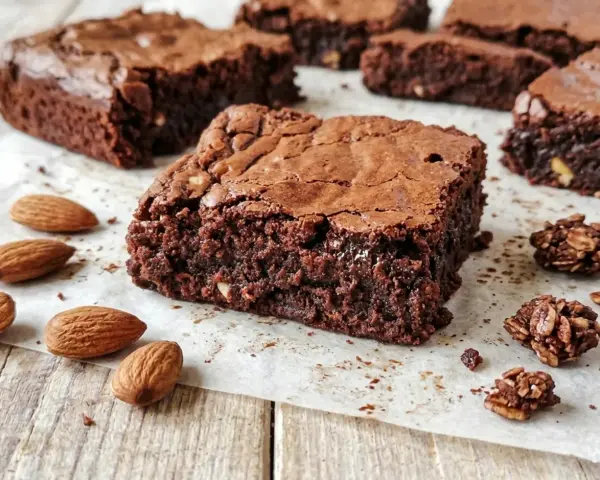 Brownies ricetta: quadrati di cioccolato fondente, umidi e ricchi, con mandorle intere e pezzetti croccanti di granola al cioccolato.