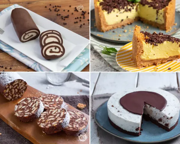Dolci da forno: rotolo al cioccolato, cheesecake, salame di cioccolato e torta fredda.
