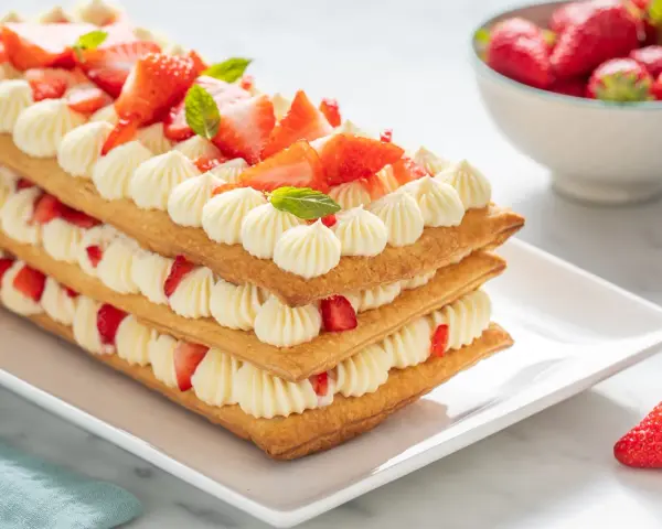 Deliziosi dolci primaverili a strati con crema e fragole fresche, un tripudio di sapori e colori.