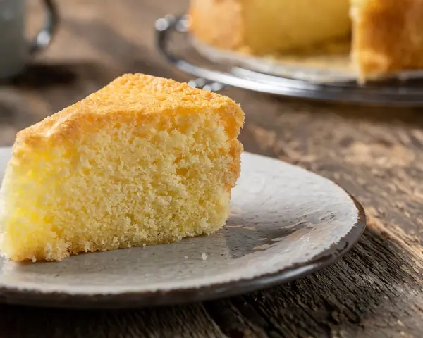 Una fetta di torta sabbiosa, soffice e dorata, su un piatto grigio. Sullo sfondo, un'altra torta intera su una gratella.