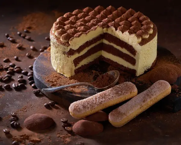 Una deliziosa torta tiramisù, con strati di crema e cacao, circondata da chicchi di caffè e savoiardi.