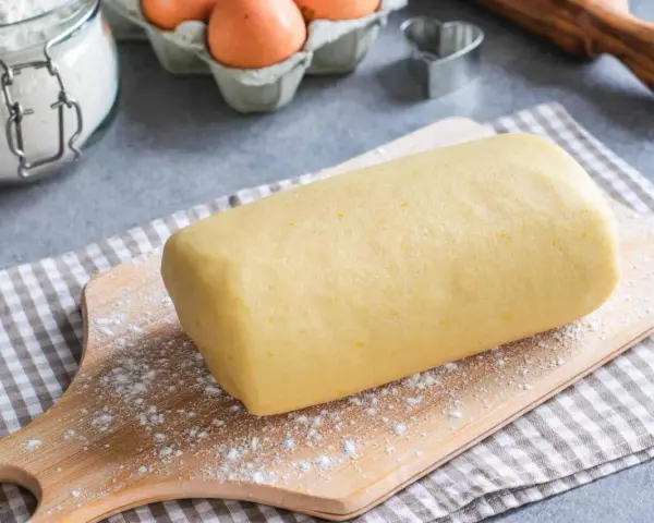 Rotolo di pasta frolla con strutto, pronto per essere trasformato in deliziosi biscotti. Ingredienti base visibili: farina, uova.