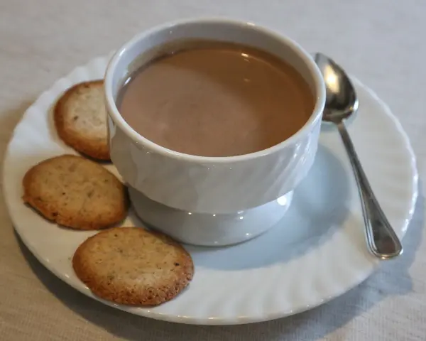 Tazza di crema di cogne fumante con biscotti secchi su un piattino bianco, accompagnata da un cucchiaino.