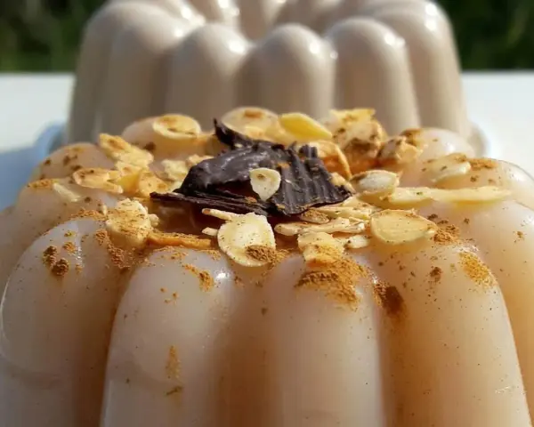 Delizioso biancomangiare ricetta originale siciliana, guarnito con mandorle tostate, cannella e scaglie di cioccolato fondente.