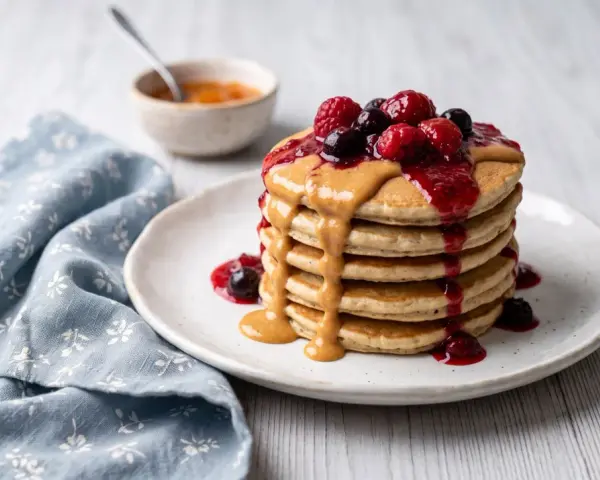 Pila di pancake proteici guarniti con burro d'arachidi, frutti di bosco e marmellata. Una deliziosa ricetta per iniziare la giornata con energia.