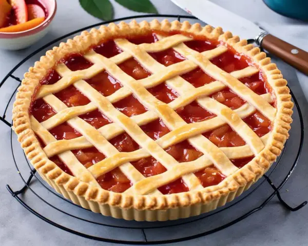 Crostata base con ripieno di frutta rossa, decorata con una griglia di pasta frolla. Perfetta per ogni occasione.