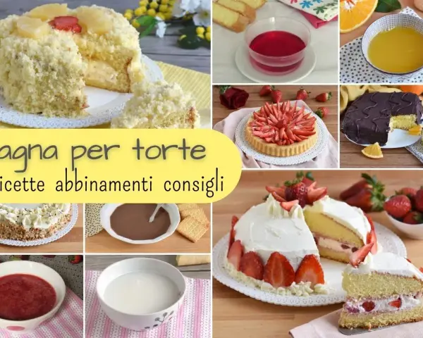 Collage di torte e ingredienti per bagna per pan di spagna: torte decorate, fragole, arance, gelatina, cioccolato e creme.