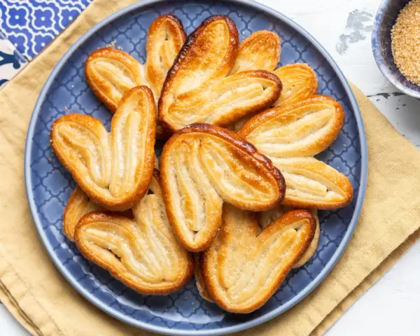Un piatto blu pieno di croccanti ventagli di pasta sfoglia, dorati e zuccherati, pronti per essere gustati.