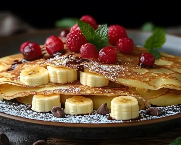 Deliziose crepes con banane a rondelle, lamponi freschi, gocce di cioccolato e una spolverata di zucchero a velo.